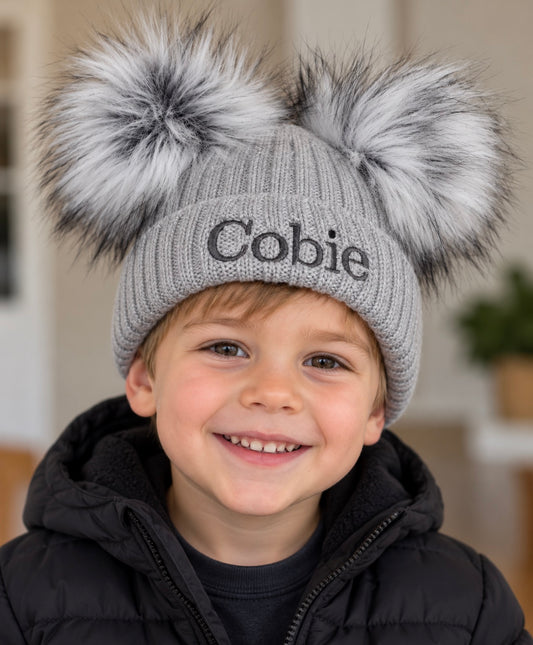 Personalised Luxury grey double pom pom hat