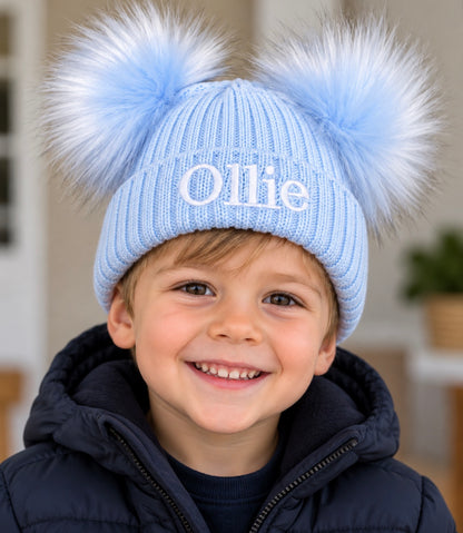 Personalised Baby Blue Double Pom Pom Hat
