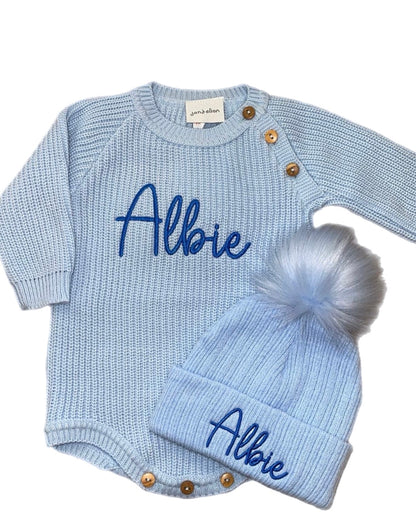 Personalised Blue 1 Pom Hat and Romper set