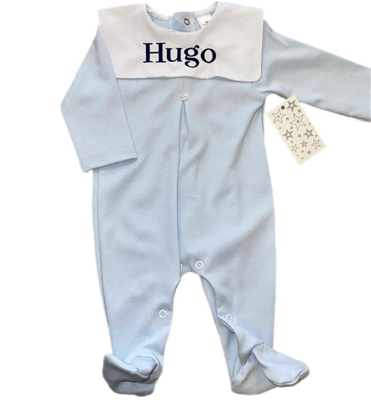 Personalised blue & white bib sleepsuit