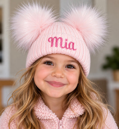 Personalised Luxury baby pink double pom pom hat
