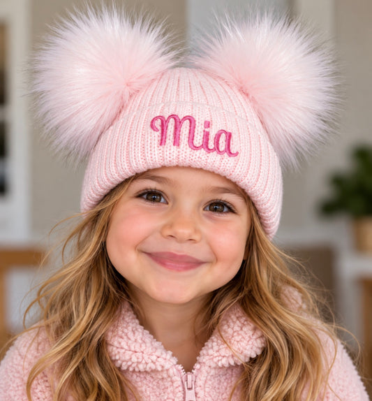Personalised Luxury baby pink double pom pom hat