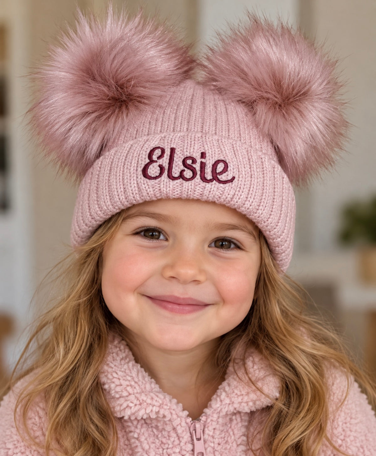 Personalised Luxury Rose gold double pom pom hat
