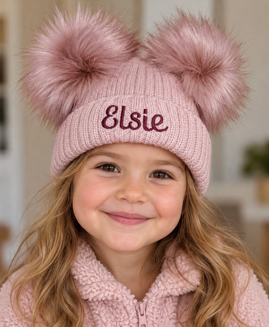 Personalised Luxury Rose gold double pom pom hat