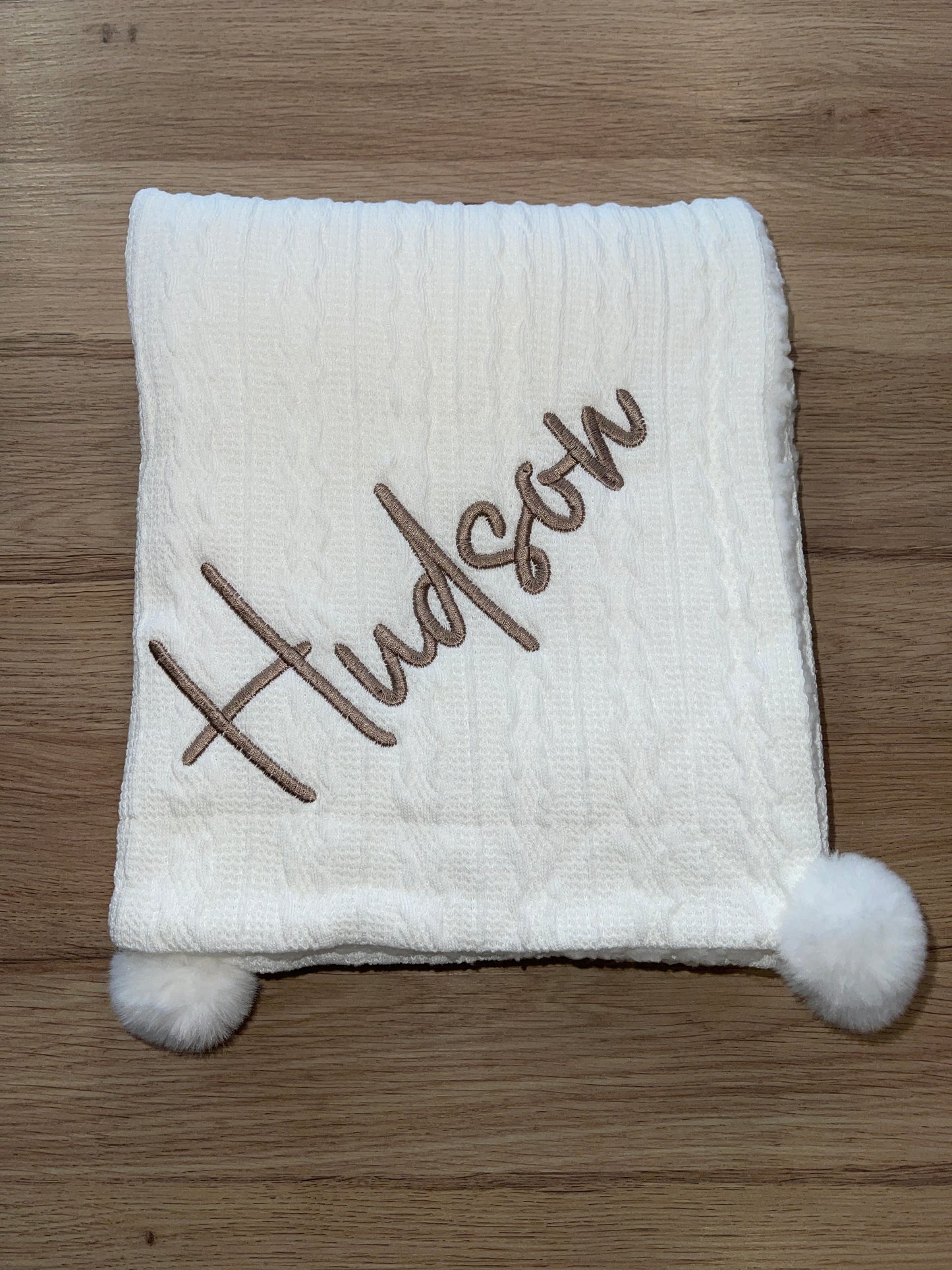 Personalised White Cable Pom Blanket