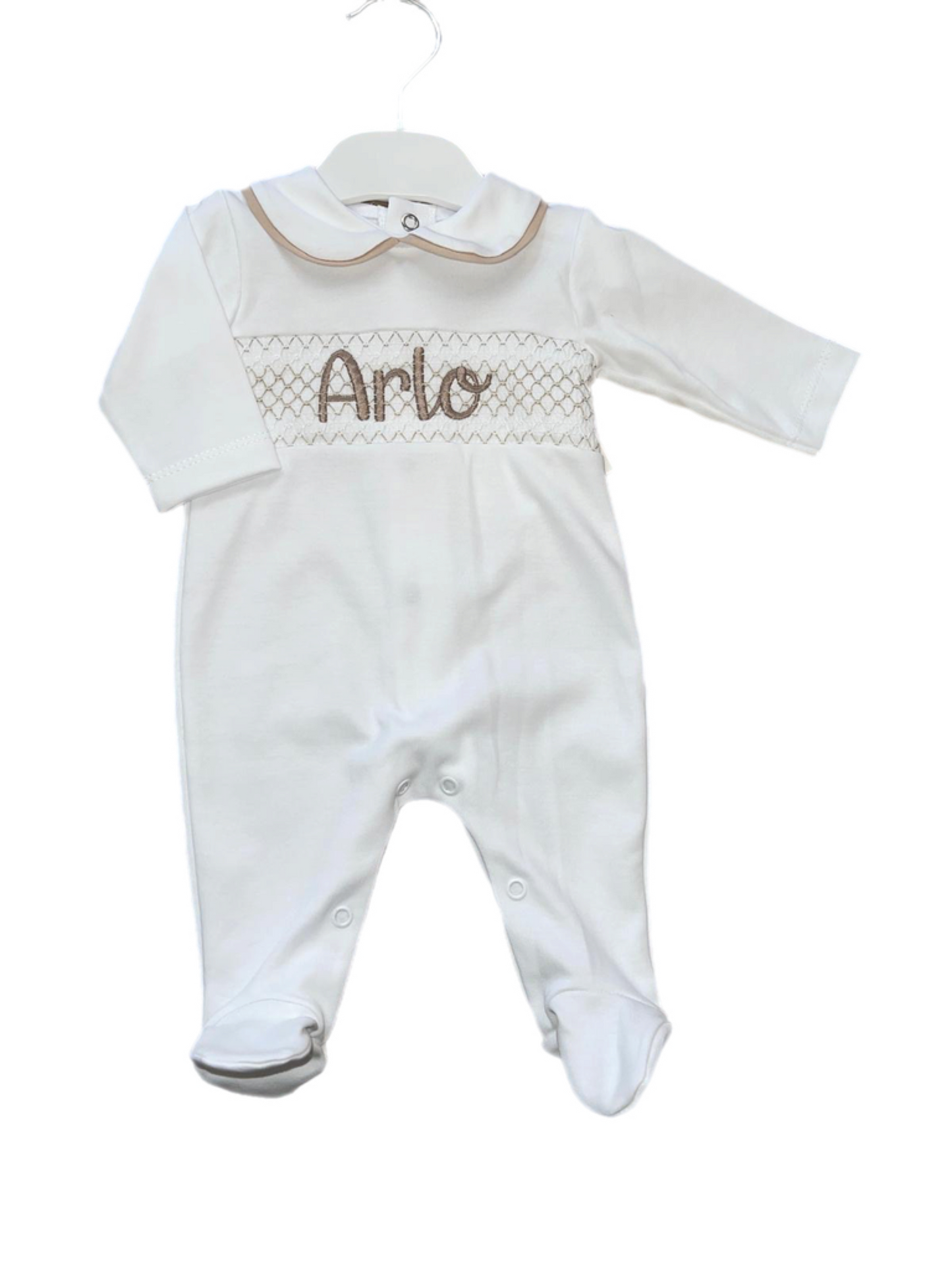 Personalised White & Beige Smocking sleepsuit