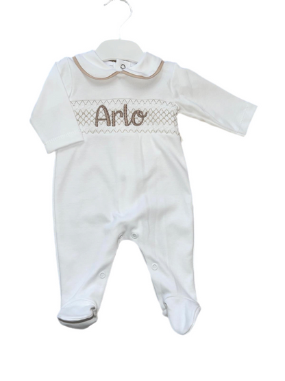 Personalised White & Beige Smocking sleepsuit