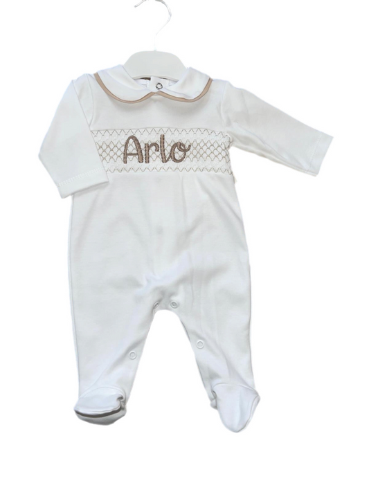 Personalised White & Beige Smocking sleepsuit