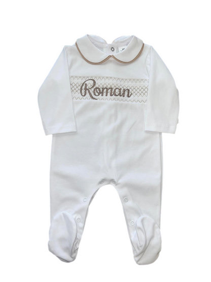 Personalised White & Beige Smocking sleepsuit
