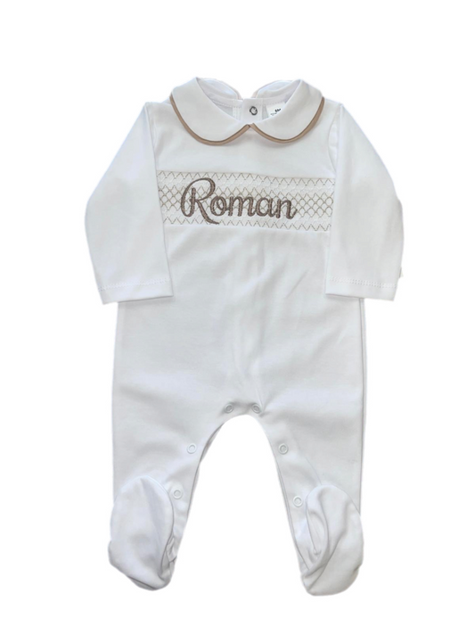Personalised White & Beige Smocking sleepsuit
