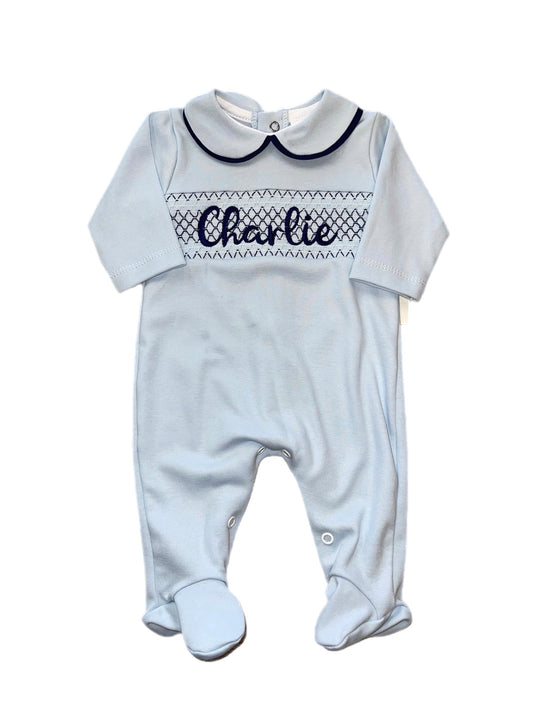 Personalised All Blue Smocking sleepsuit
