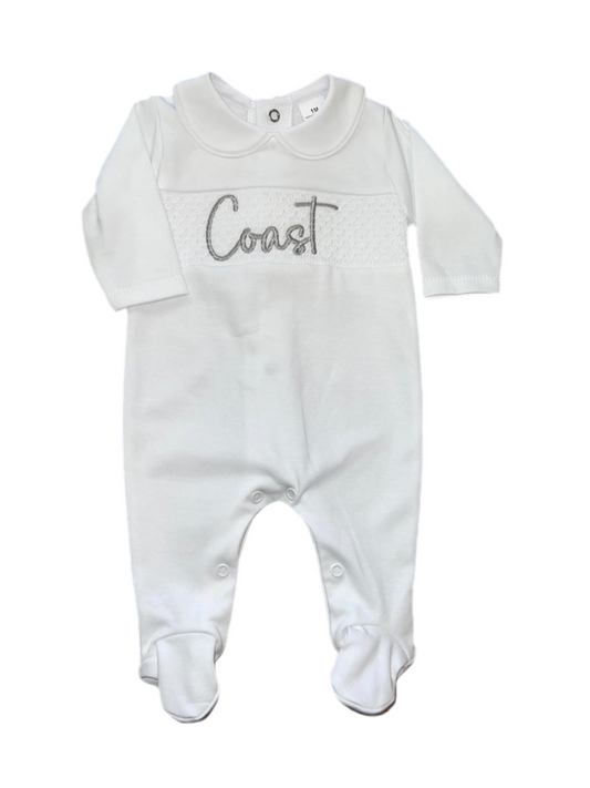 Personalised White Smocking sleepsuit