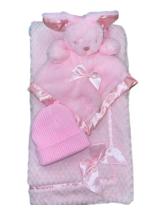 Personalised pink Blanket, Hat and Comforter set