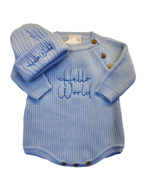 Blue Knitted Romper and Beanie Hat Hello World Set