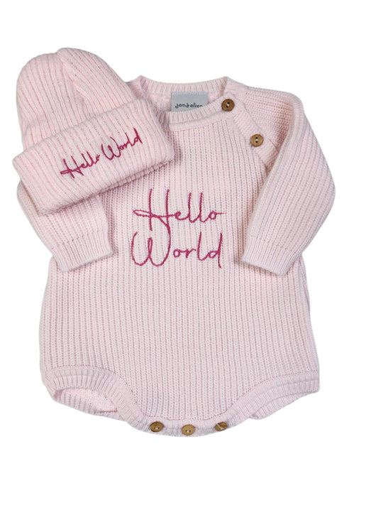 Pink Knitted Romper and Beanie Hat Hello World Set
