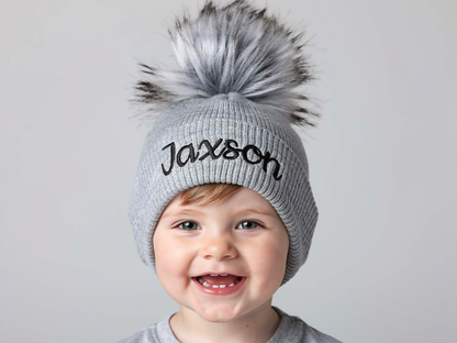 Personalised Grey pom pom Hat