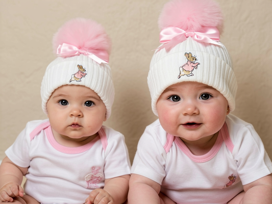 Girls knitted white & pink Rabbit Bow pom pom hat