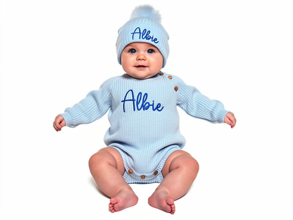 Personalised Blue 1 Pom Hat and Romper set