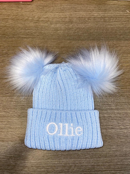 Personalised Luxury baby blue double pom pom hat