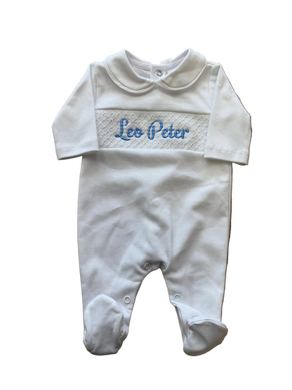 Personalised White Smocking sleepsuit