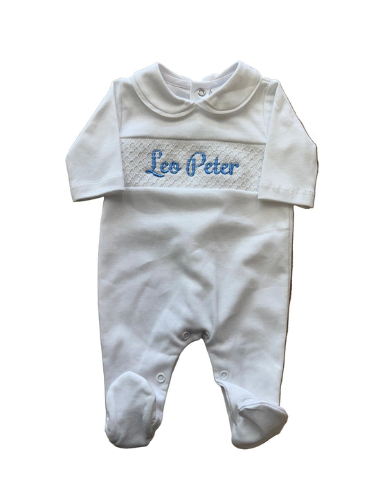 Personalised White Smocking sleepsuit