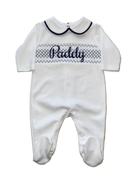 Personalised White & Navy Smocking sleepsuit