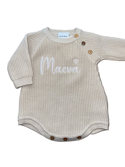 Personalised Long Sleeve Knitted Beige Romper