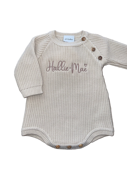 Personalised Long Sleeve Knitted Beige Romper