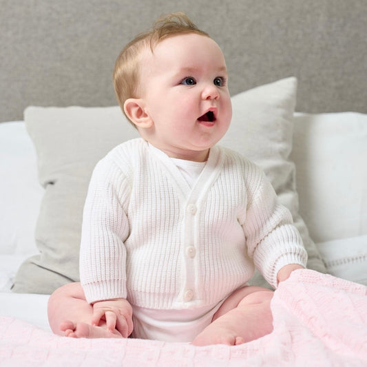 Personalised White Ribbed Knitted baby cardigan