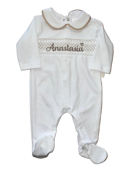 Personalised White & Beige Smocking sleepsuit