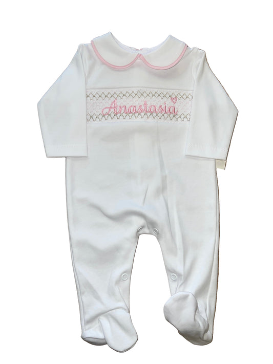 Personalised White & Pink Smocking sleepsuit