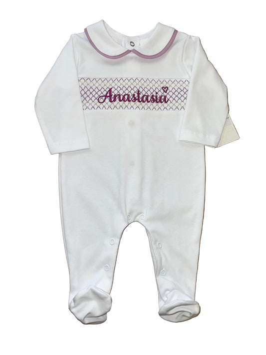 Personalised White & Purple Smocking sleepsuit