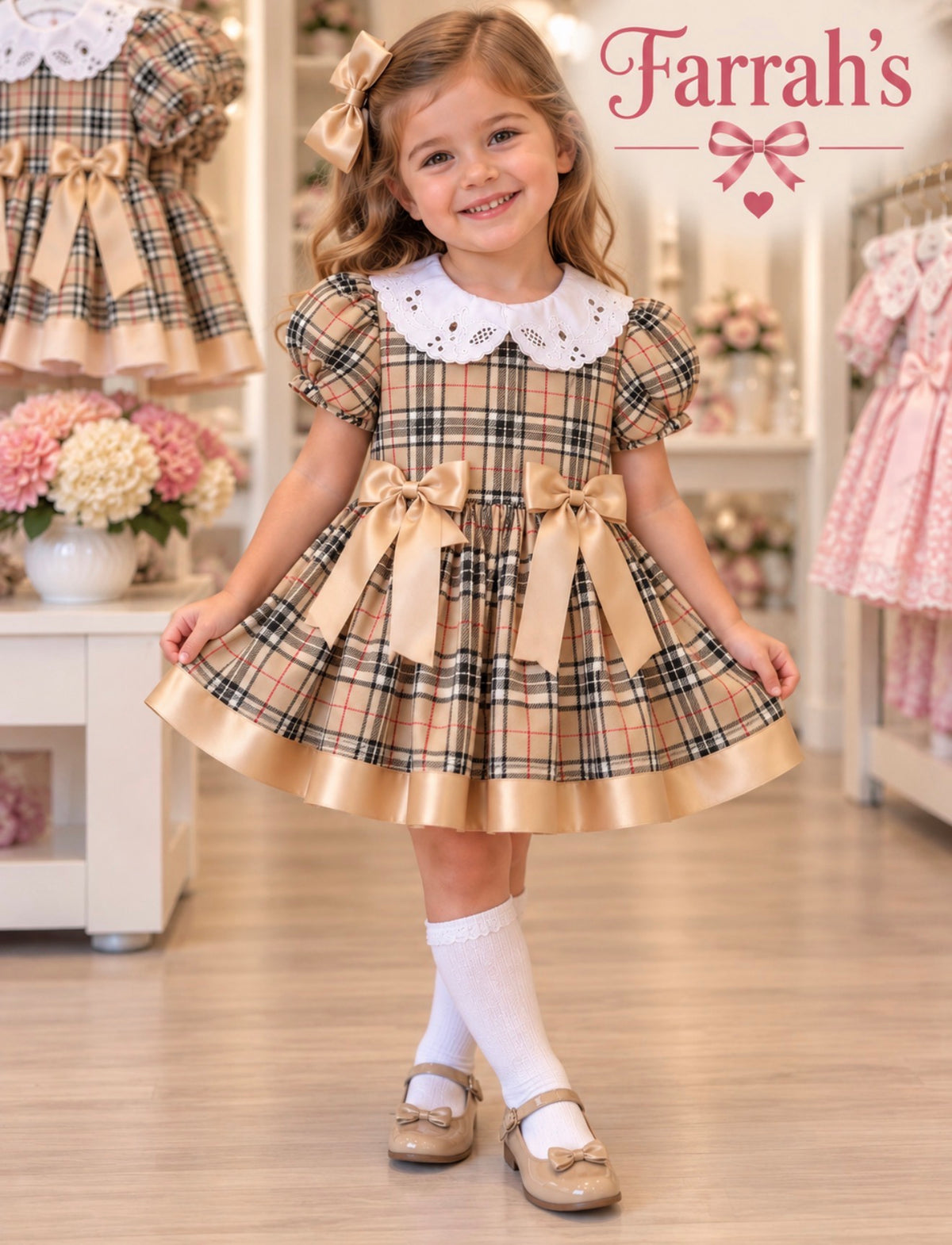 Girls BeigeTartan Bow Dress
