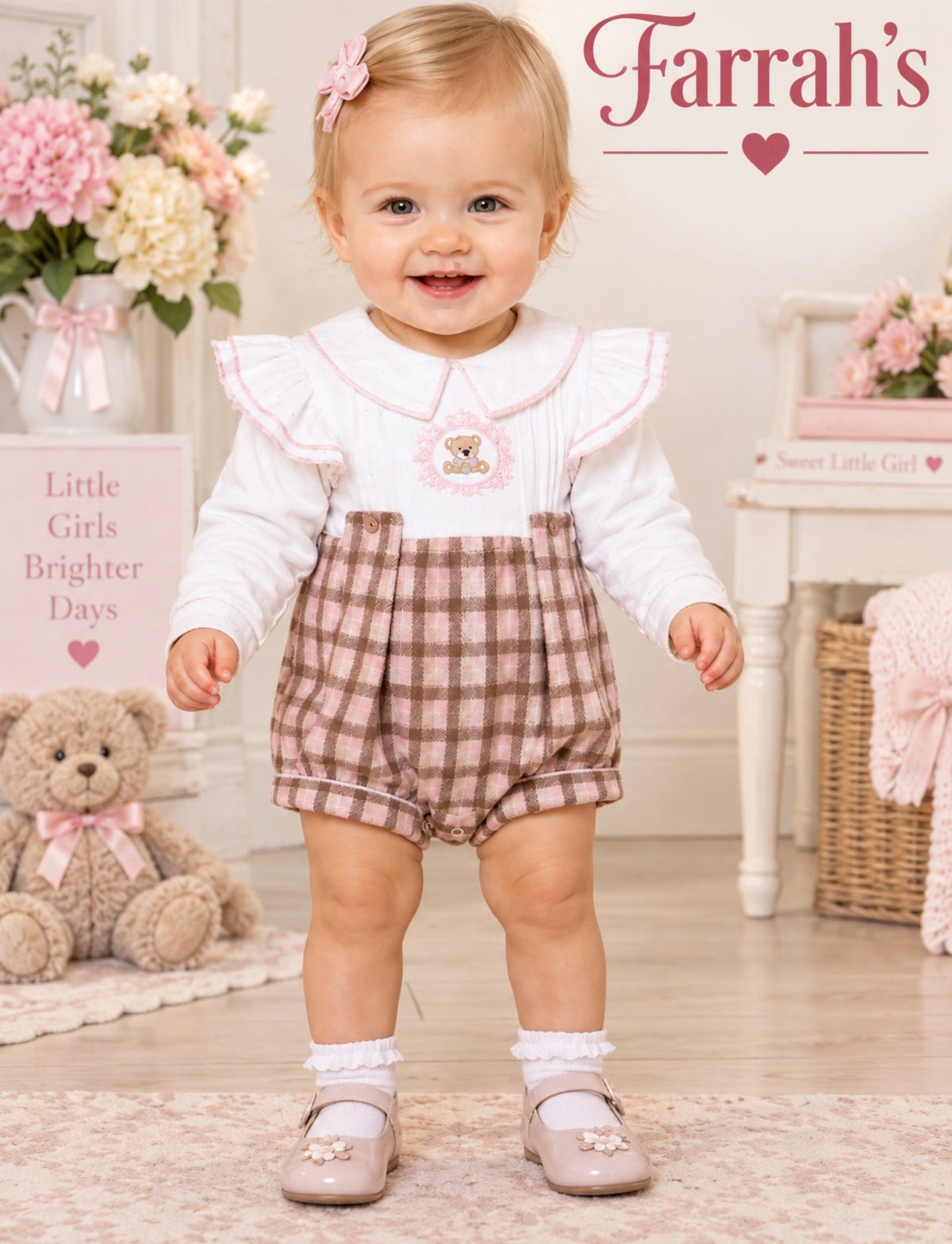 Baby Girls camel / Pink check teddy romper