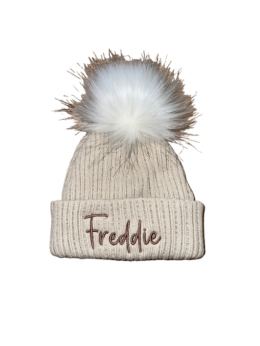 Personalised single pom pom hat - beige