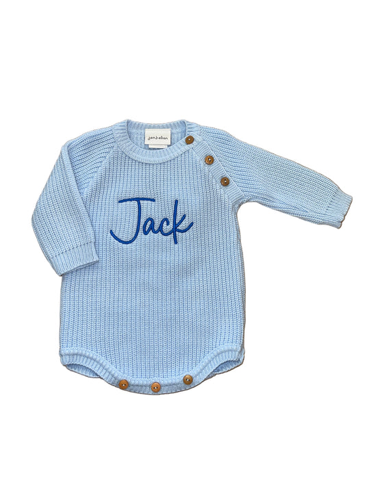 Personalised Long Sleeve Knitted Blue Romper