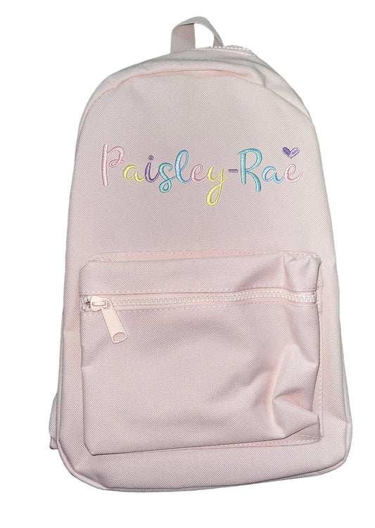 Personalised Baby Pink childrens backpack Rainbow