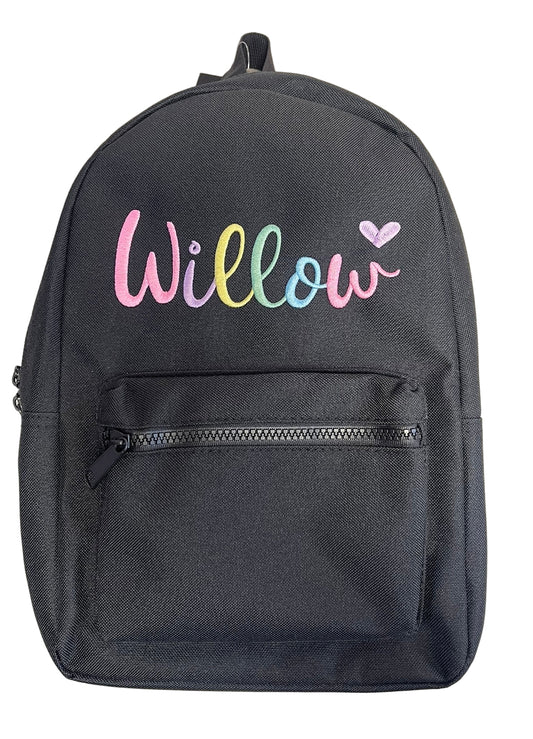 Personalised Black childrens backpack Rainbow