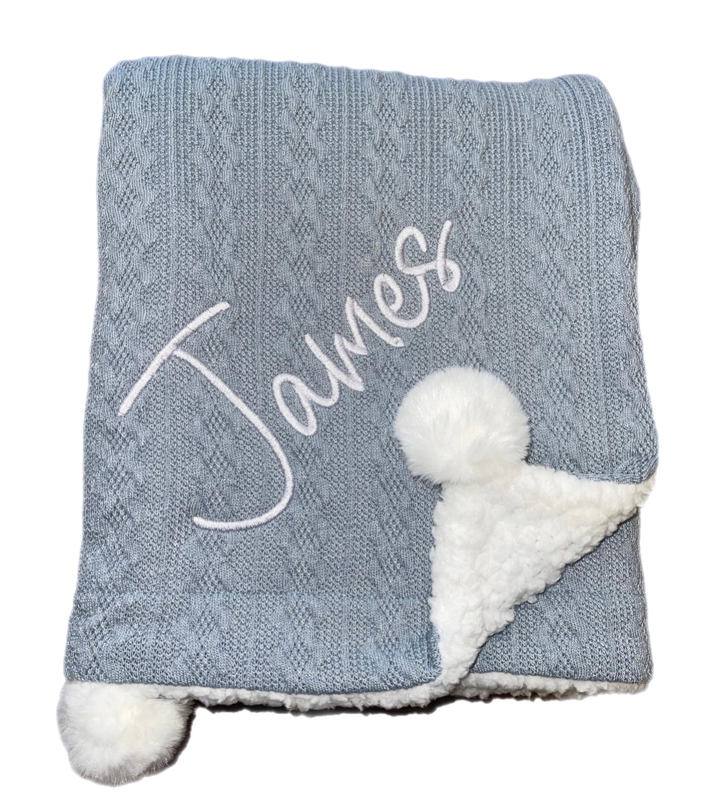 Personalised Dusky Blue Cable Pom Blanket