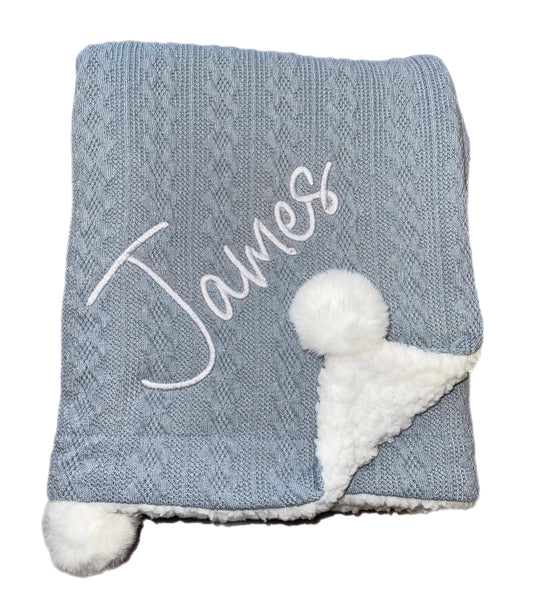 Personalised Dusky Blue Cable Pom Blanket