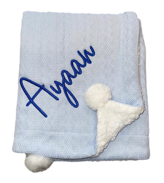 Personalised Sky Blue Cable Pom Blanket