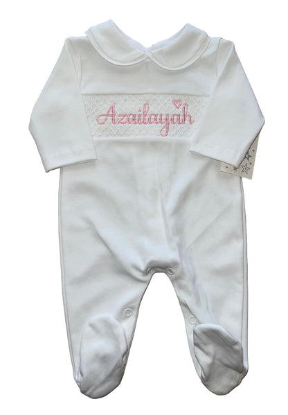 Personalised White Smocking sleepsuit