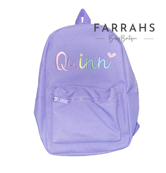 Personalised Lilac childrens backpack Rainbow