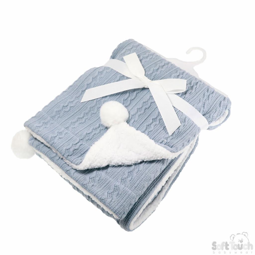 Personalised Dusky Blue Cable Pom Blanket