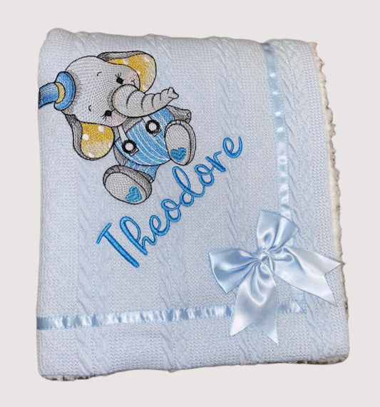 Personalised Blue cable knit bow blanket - Top hat Elephant