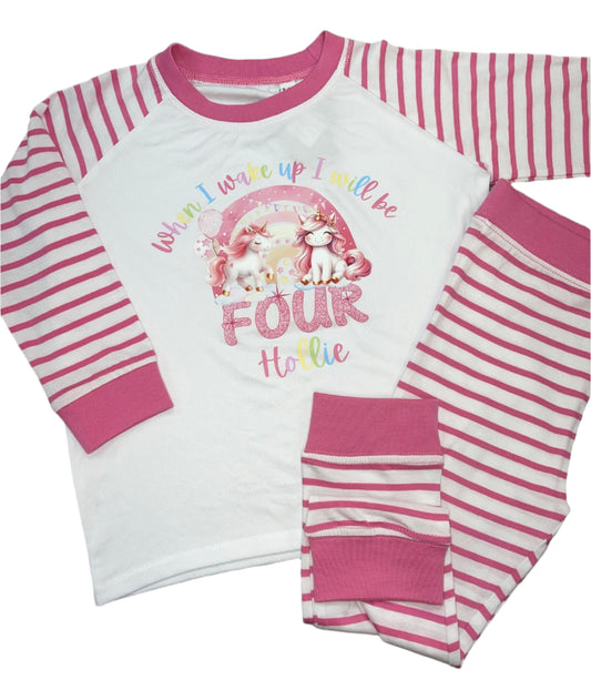 Personalised pink stripe Birthday Pyjamas - Unicorn