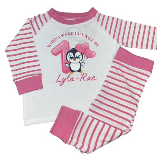 Personalised pink stripe Birthday Pyjamas - Penguin