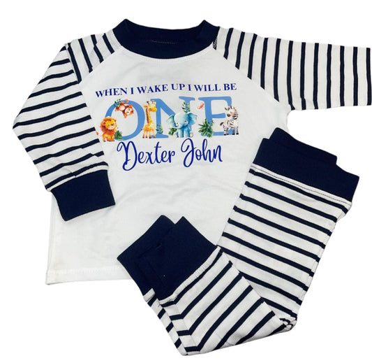 Personalised white & navy Birthday Pyjamas - Safari