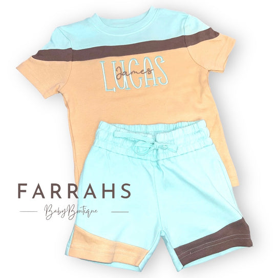 Personalised Block Colour T-Shirt & Short Set Eggshell Blue & Sand
