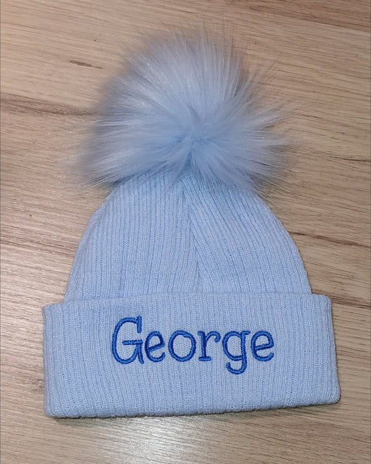 Personalised blue pom pom hat